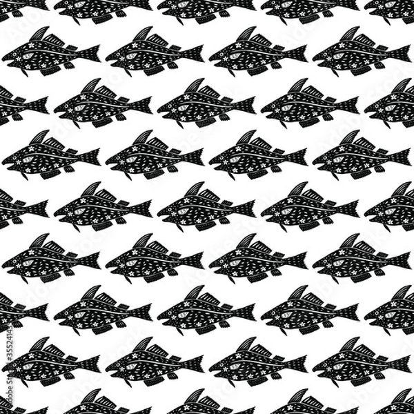 Fototapeta Cod fish in modern cartoon style seamless pattern. Isolated silhouettes on white background repeating, vector illustration for restaurant menu, marine decor. Scandinavian simple design for packaging.