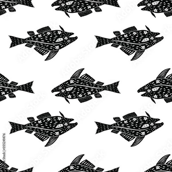 Fototapeta Cod fish in modern cartoon style seamless pattern. Isolated silhouettes on white background repeating, vector illustration for restaurant menu, marine decor. Scandinavian simple design for packaging.