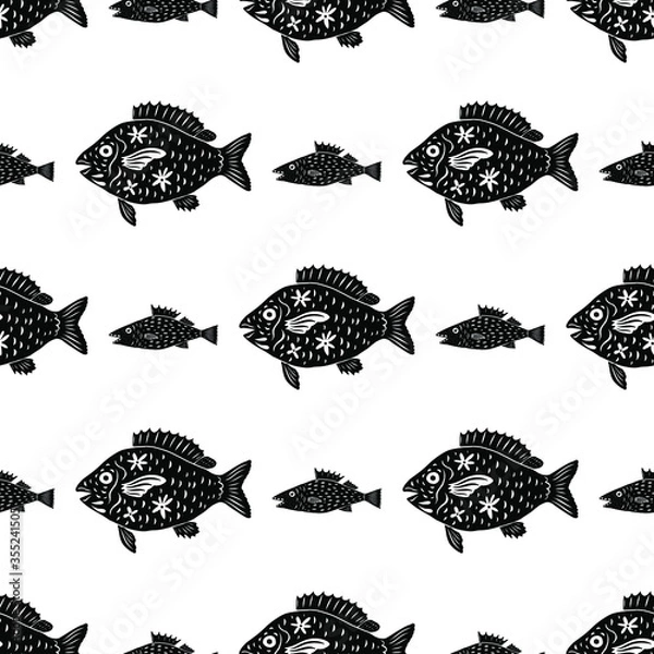Fototapeta Red Snapper in modern cartoon folk style seamless pattern. Isolated sardines, fish silhouettes on white background, vector illustration for restaurant menu, marine decor.