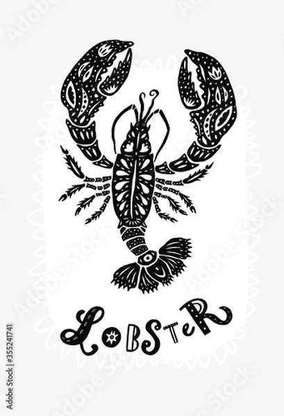 Fototapeta Lobster silhouette. Decorative ornament shape isolated on background. Modern cutout linocut style poster. Hand drawn lettering title. Modern vector illustration.
