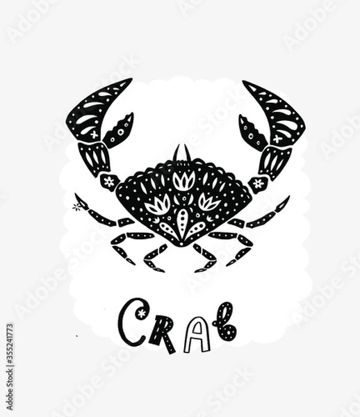 Fototapeta Crab silhouette. Decorative ornament shape isolated on background. Modern cutout linocut style poster. Hand drawn lettering title. Modern vector illustration.