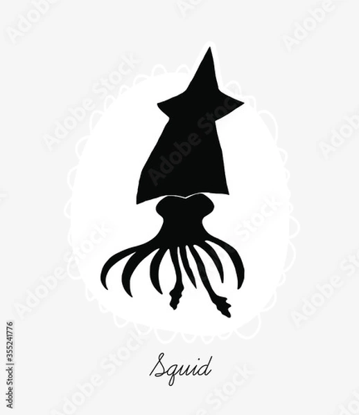 Fototapeta Squid silhouette. Decorative ornament shape isolated on background. Modern cutout linocut style poster. Hand drawn lettering title. Modern vector illustration.