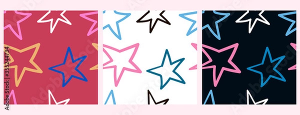 Fototapeta Set of seamless vector pattern with stars, handmade style, colored background. Stars in Doodle style. Children's illustration for fabrics, cards, toys, decoration, gift paper.