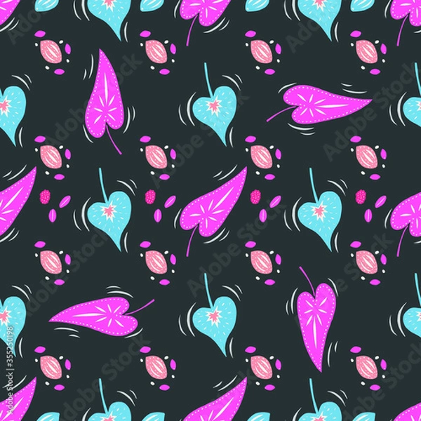 Fototapeta Tropical leaves and seeds silhouettes in modern simple style, repeating seamless pattern. Perfect design for textile, fabric design. 