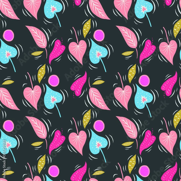 Fototapeta Tropical leaves and seeds silhouettes in modern simple style, repeating seamless pattern. Perfect design for textile, fabric design. 