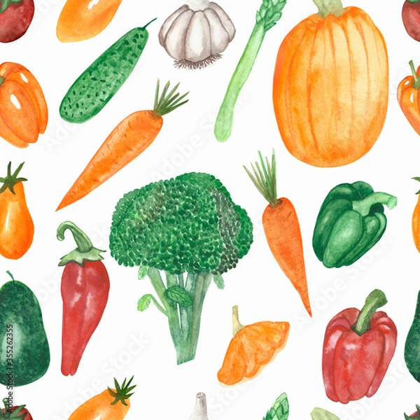 Fototapeta Watercolor hand painted nature garden plants seamless pattern with orange carrot, pumpkin, tomato, red bell, chili pepper, green broccoli, asparagus, avocado vegetable isolated on the white background