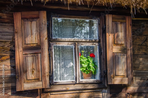 Fototapeta Window of an old cabin with a red flower