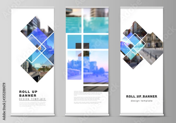 Fototapeta The vector illustration of the editable layout of roll up banner stands, vertical flyers, flags design business templates. Creative trendy style mockups, blue color trendy design backgrounds.