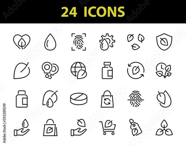 Fototapeta ECOLOGY Vector Line Icons Set, contains icons such as photosynthesis, environmental protection, eco-friendly packaging, growth time, editable stroke, Keep Ecology