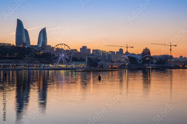 Fototapeta Panoramic view of Baku city, Azerbaijan, with boulevard and ferris wheel.