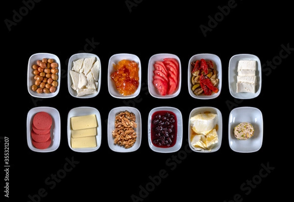 Fototapeta breakfast menu, tomato, cheese, butter, sausage, green olive, jam, cheddar cheese,Traditional Turkish Breakfast Table (Serpme Kahvalti). Colorful, fresh, organic