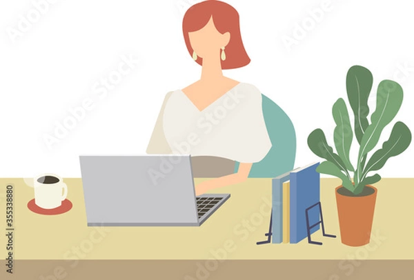 Obraz 女性　デスクワーク　テレワーク　リモートワーク　ビジネス　自宅　ノートパソコン　ベクター　イラスト