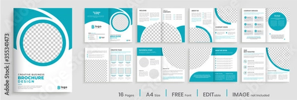 Fototapeta Brochure template design with blue modern shapes, 16 page, corporate, minimal business brochure template design.