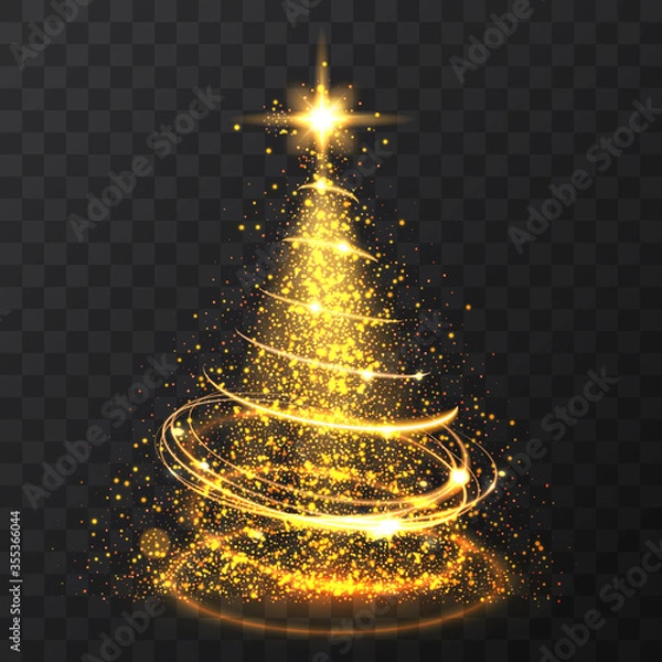 Obraz Golden glitter bokeh lights and sparkle stars christmas tree on transparent background. Isolsted light shining abstract gold christmas tree. Vector illlustration.