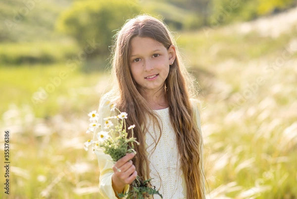 Fototapeta girl in a field. young woman in the field of flowers. 
Beautiful girl walks in the park. Summer walks and relaxation. Smiling child. Daisies in the hands of a girl