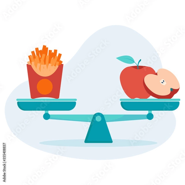 Fototapeta Concept of weight loss, healthy lifestyles, diet, proper nutrition. Vegetables and fast food on scales. Vector.