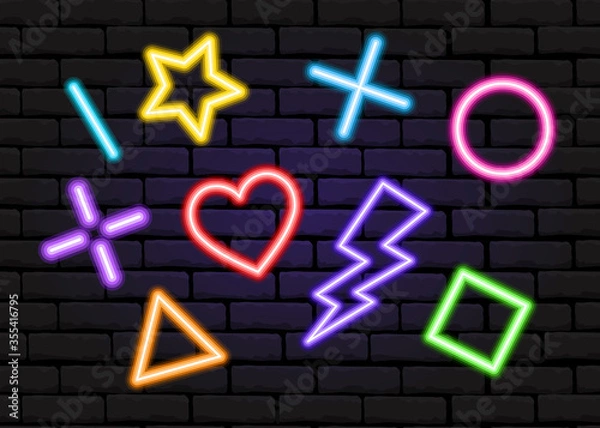 Fototapeta Neon luminous geometric shapes on a brick wall background. Night light, neon sign