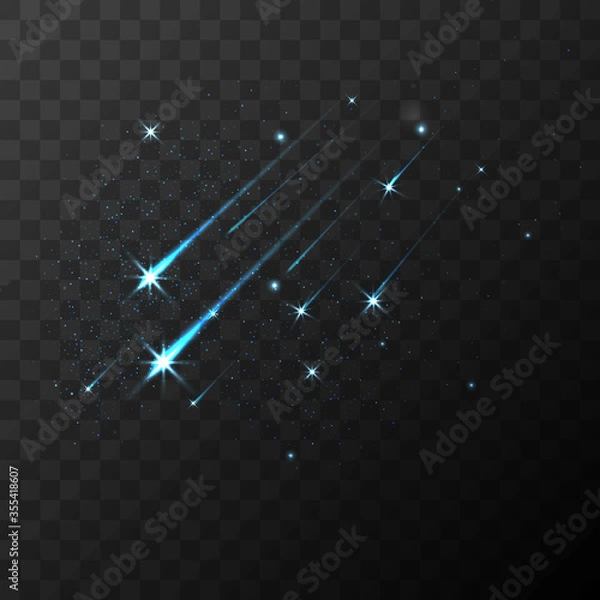 Fototapeta Color vector shooting stars falling stars meteor and comet on transparent plaid background. Fall star in space, fantasy science in cosmos, asteroid color in galaxy.