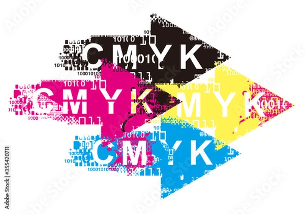 Fototapeta Expressive Arrows with binary codes, print data.
Grunge stylized background  with binary codes and CMYK inscription. Vector available.