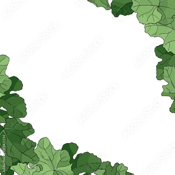 Obraz Vector square multicolored card. Corner frame with green leaves of pumpkins on white background. Hand line drawing. Template for Thanksgiving greeting card, Harvest festival invitation.