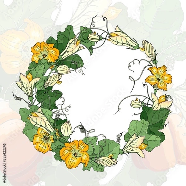 Obraz Vector square multicolored autumn card. Wreath of colorful leaves and flowers of pumpkin on colorful background. Hand line drawing. Template for Thanksgiving greeting card, Harvest festival invitation