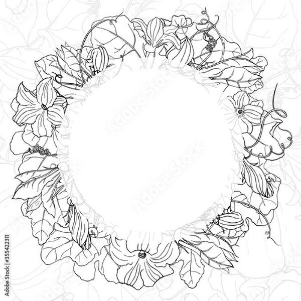 Obraz Vector square black and white autumn card. Wreath of leaves and pumpkin flowers, round frame on line background. Hand line drawing. Template for Thanksgiving greeting card, invitation.