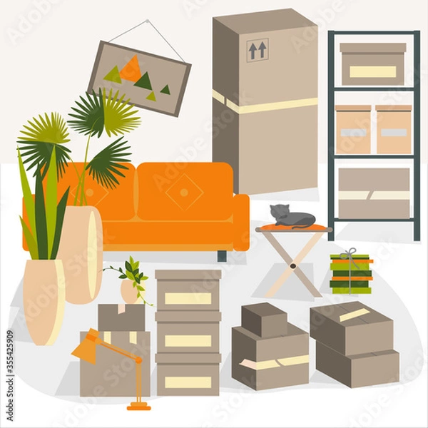 Fototapeta Moving to new place of residence. Collecting things in cardboard boxes, books tied in piles. Waiting for help of movers. Vector illustration in flat style.
