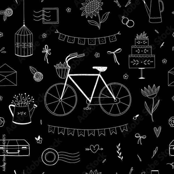 Fototapeta Romantic seamless pattern with different rustic elements. Vector background with bicycle, wedding theme decorations and floral illustrations. Elegant backdrop with hand drawn doodles