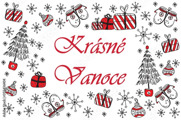 Fototapeta Merry christmas and Happy new year IN CZECH LANGUAGE, doodle vector greeting card with red and black christmas symbols isolated on white background. Christmas element, sketch drawing for your design.
