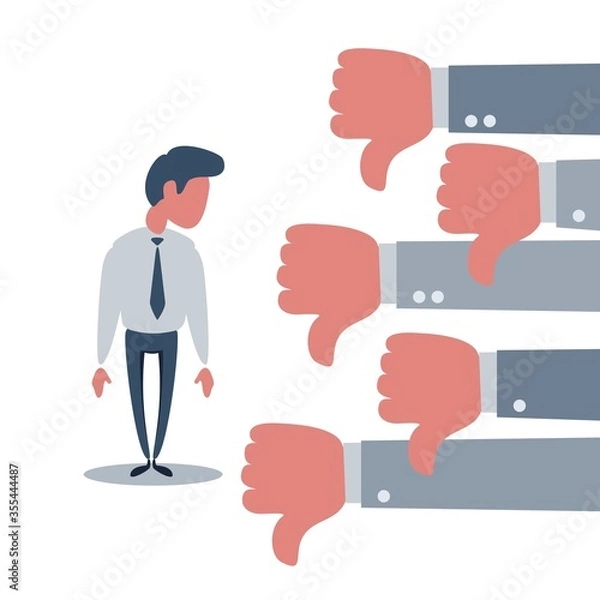 Obraz Upset businessman and many hands with thumbs down. Vector flat illustration