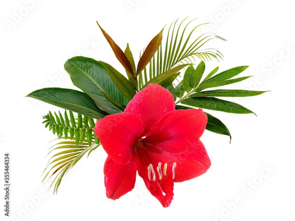 Fototapeta Flower and green leaf isolated on white background. Leaf and flower arrangement for decoration or frame. Beautiful green leaves.