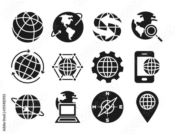 Fototapeta laptop computer and world icon set, silhouette style