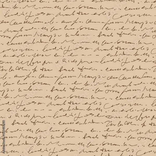 Fototapeta Handwritten abstract text vector seamless pattern, vintage style, ancient handwriting, monochrome script isolated on beige background