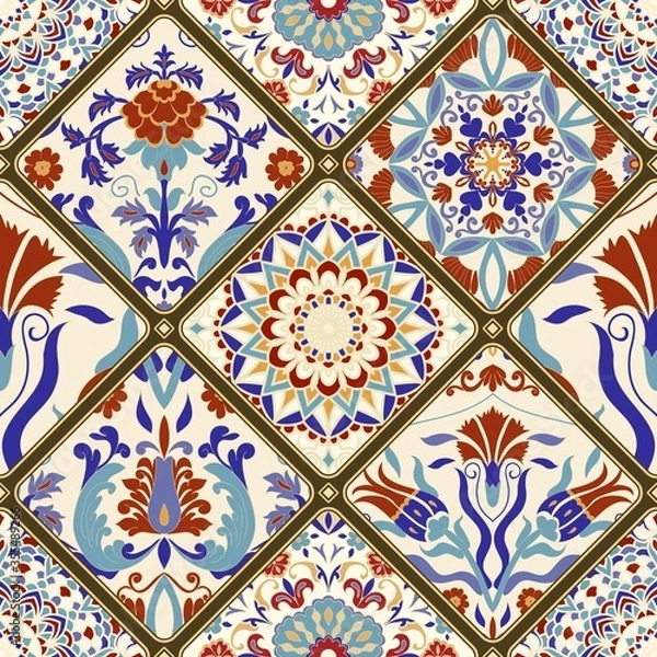 Fototapeta Seamless colorful patchwork. Vintage multicolor pattern in turkish style. Hand drawn background. Islam, Arabic, Indian, ottoman motifs