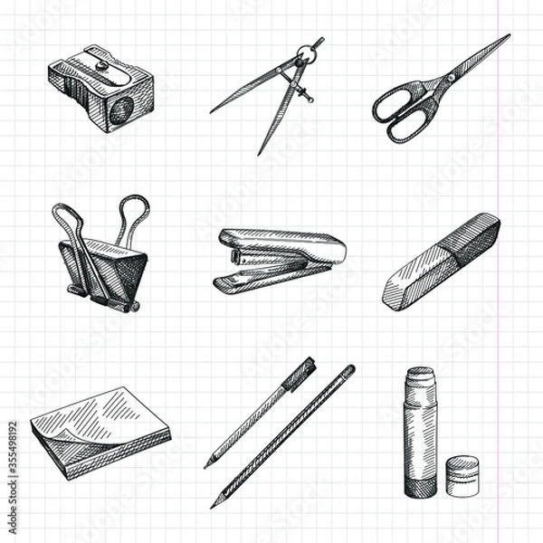 Fototapeta Hand-drawn sketch of Stationery Supplies for School and Office Set. The set includes pencil sharpener, compass (for drawing), scissors, eraser, rubber, stapler, sticker note, pen, pencil, glue stick	
