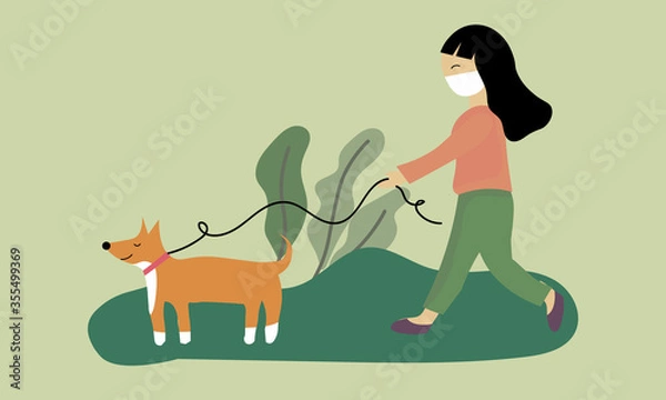 Obraz Girl with a mask walks with dogs in the park. Vector cartoon illustration on the topic of the pandemic. Young girl walking in public park with dogs during quarantine. For books, poster, web.