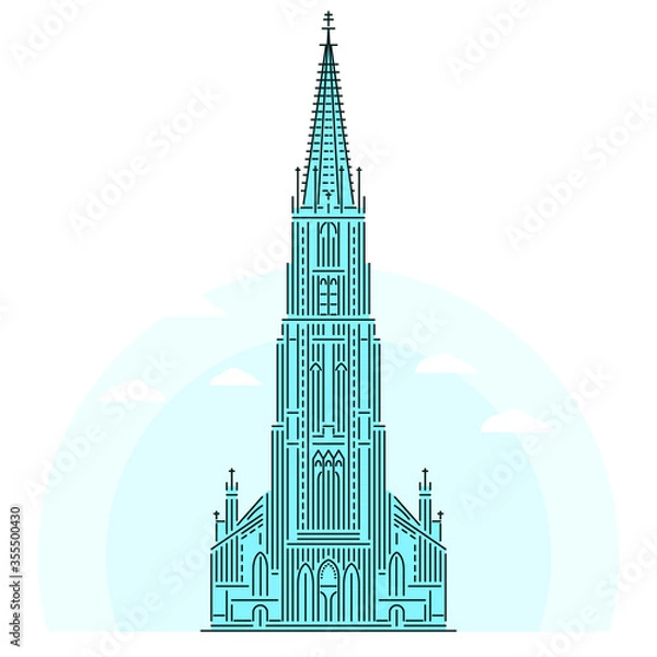 Obraz Ulm Minster - famous landmark of Ulm, Germany. Monument of German Gothic architecture. Linear style outline vector illustration on white background