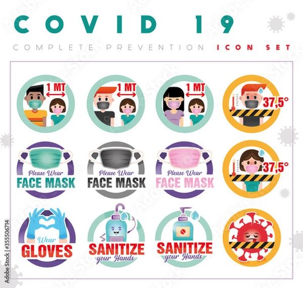 Fototapeta COVID Prevention ICONS  - Complete SET of 12 BUTTONS SIGNS - VECTOR - JPEG
