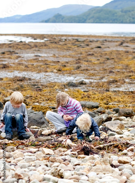 Fototapeta Children exploring a scottish beach