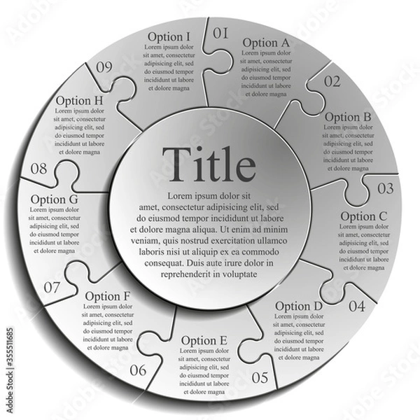Obraz Nine sided 3d puzzle presentation infographic template with explanatory text field for business statistics