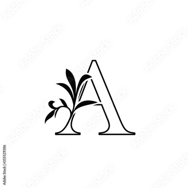 Fototapeta Outline Floral Leaves Letter A Luxury Logo Icon, black and white vector design concept nature leaf for initial.