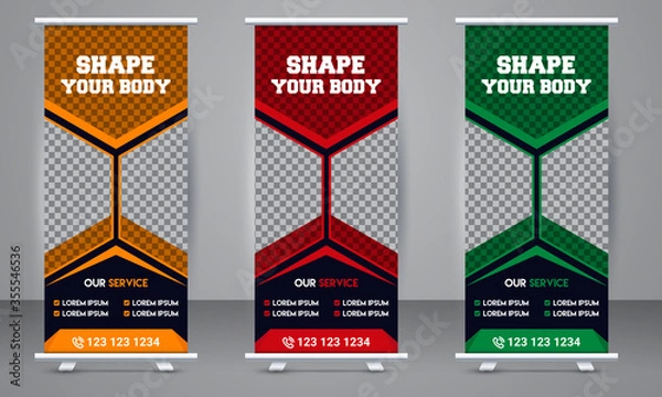 Fototapeta Fitness Gym Roll Up Stand Banner Design Template. Standee Design Template, Banner Template, Brochure Flyer, Vector illustration, Annual Report, Magazine, Poster, Flag Banner Design.
