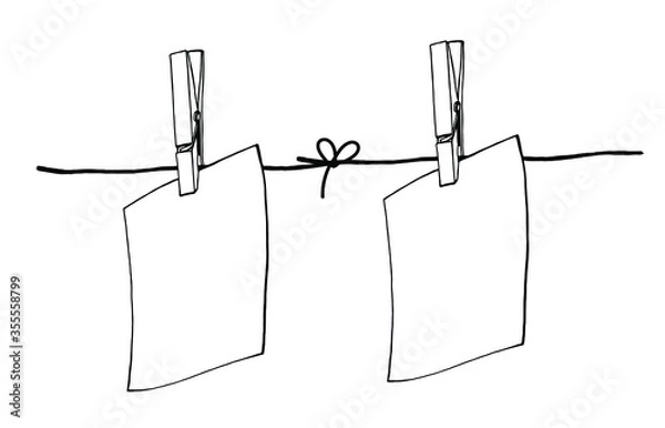 Fototapeta frames with space for text or images hanging on a clothespin.hand drawn illustration made by a liner