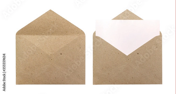 Fototapeta Opened brown craft envelopes with and without blank card isolated on a white background