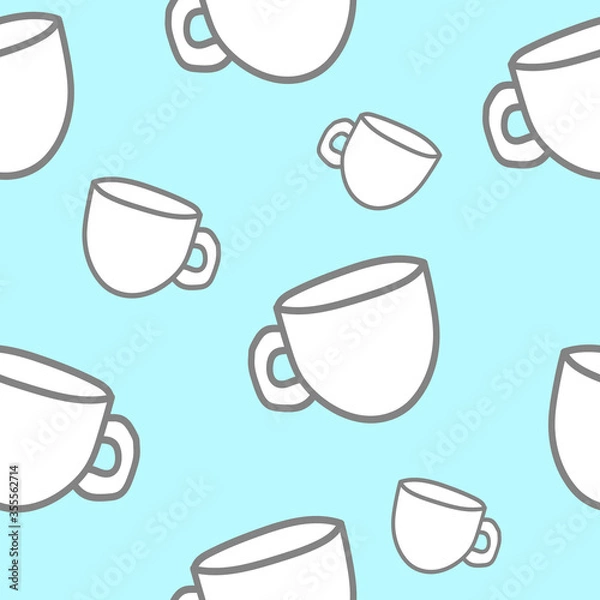 Fototapeta Seamless pattern with hand drawn sketchy tea and coffee cups. Coffee break tiling background. White cups on a blue background