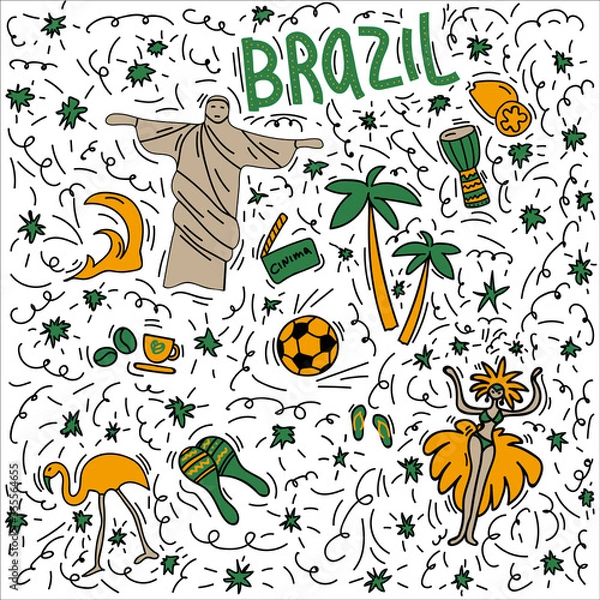 Fototapeta Hand-drawn symbols of Brazil with lettering. Doodle style illustration, Christ Statue, Carnival symbol, Pink Flamingo, maracas fruit, Pandeiro drum, football symbols. Multicolored background of