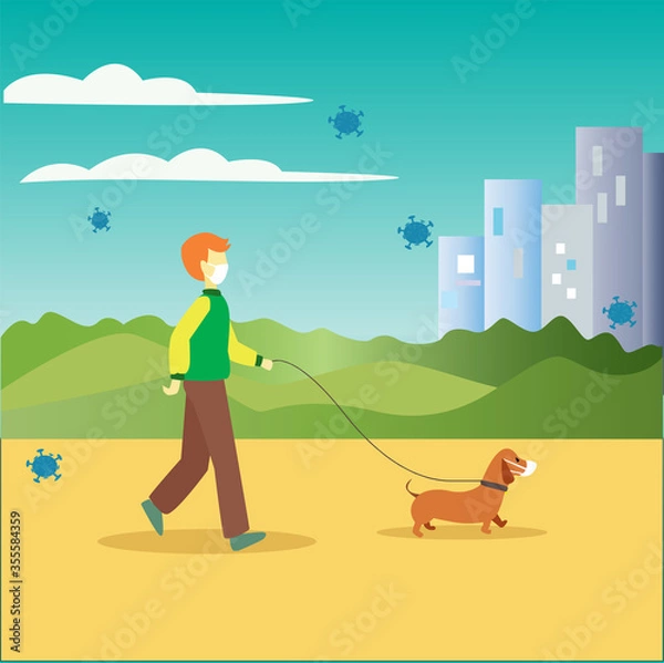 Fototapeta illustration vector graphic of man with his dog walk in at the park while wearing mask for herd immunity and self protect from preventing the spread of corona virus.