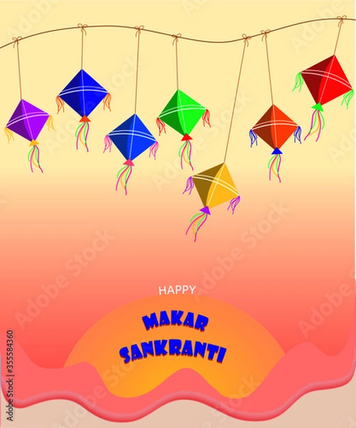 Fototapeta Happy Makar Sankranti  harvest festival celebration in India with rainbow color kites hang with rope. Wish text on the sunset falling in the pink mountain.