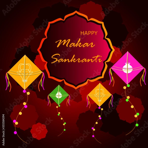 Fototapeta Happy Makar Sankranti greeting card. With kites is a purple, yellow and green color on red background design. Text is a yellow color design.