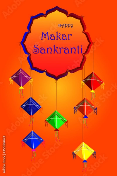 Fototapeta Happy Makar Sankranti festival celebration in India. Kites is rainbow colorful on orange background. Text design in paper floral.